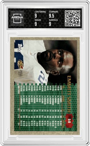 Emmitt Smith from the 1996 Topps Chrome set featuring a Refractor parallel graded by Arena Club and given an overall grade of 9.