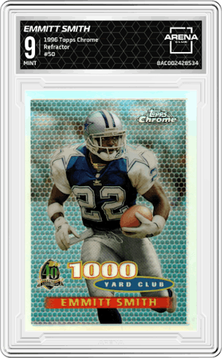 Emmitt Smith from the 1996 Topps Chrome set featuring a Refractor parallel graded by Arena Club and given an overall grade of 9.