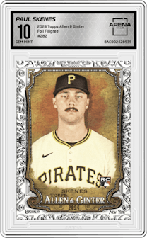 Paul Skenes from the 2024 Topps Allen & Ginter set featuring a Foil Filigree parallel graded by Arena Club and given an overall grade of 10.