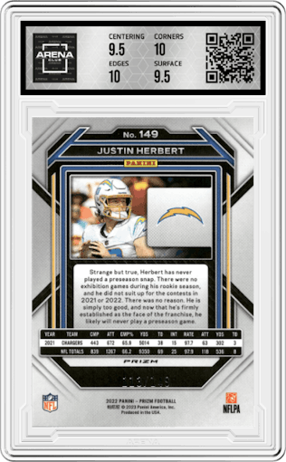 Justin Herbert from the 2022 Panini Prizm set featuring a Red Wave parallel graded by Arena Club and given an overall grade of 10.