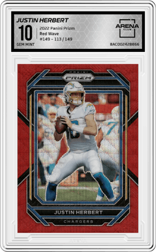 Justin Herbert from the 2022 Panini Prizm set featuring a Red Wave parallel graded by Arena Club and given an overall grade of 10.