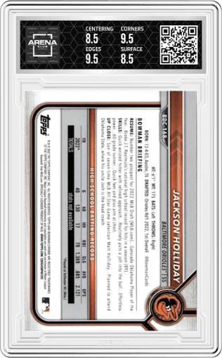 Jackson Holliday from the 2022 Bowman Draft set featuring a Black & White RayWave Refractor parallel graded by Arena Club and given an overall grade of 9.