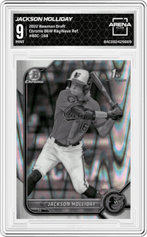 Jackson Holliday from the 2022 Bowman Draft set featuring a Black & White RayWave Refractor parallel graded by Arena Club and given an overall grade of 9.