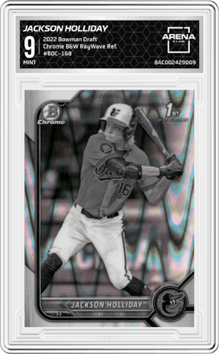 Jackson Holliday from the 2022 Bowman Draft set featuring a Black & White RayWave Refractor parallel graded by Arena Club and given an overall grade of 9.