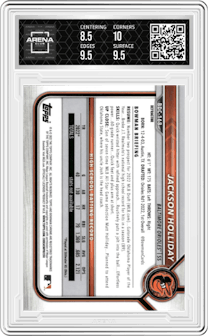Jackson Holliday from the 2022 Bowman Draft set featuring a Refractor parallel graded by Arena Club and given an overall grade of 9.
