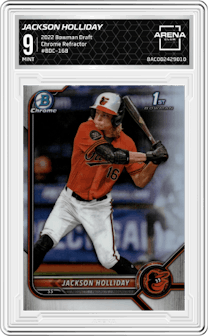Jackson Holliday from the 2022 Bowman Draft set featuring a Refractor parallel graded by Arena Club and given an overall grade of 9.