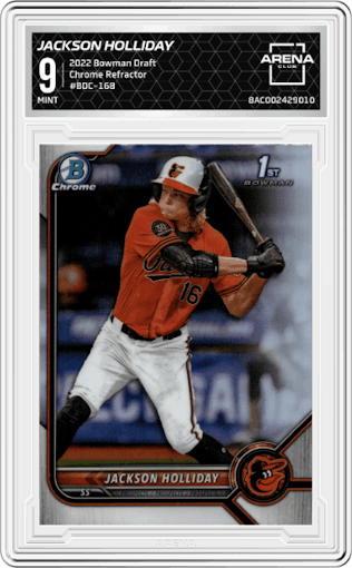 Jackson Holliday from the 2022 Bowman Draft set featuring a Refractor parallel graded by Arena Club and given an overall grade of 9.