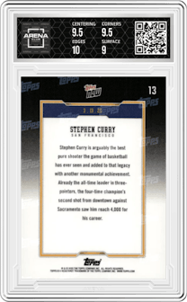 Stephen Curry from the 2024-25 Topps Now set graded by Arena Club and given an overall grade of 9.5.
