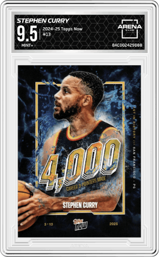 Stephen Curry from the 2024-25 Topps Now set graded by Arena Club and given an overall grade of 9.5.