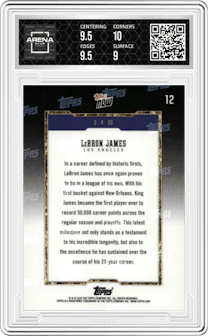 LeBron James from the 2024-25 Topps Now set graded by Arena Club and given an overall grade of 9.5.