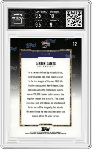 LeBron James from the 2024-25 Topps Now set graded by Arena Club and given an overall grade of 9.5.
