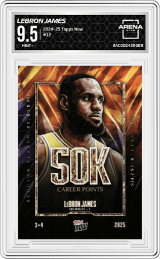 LeBron James from the 2024-25 Topps Now set graded by Arena Club and given an overall grade of 9.5.