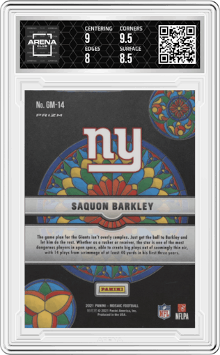 Saquon Barkley from the 2021 Panini Mosaic set graded by Arena Club and given an overall grade of 8.5.