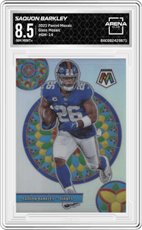 Saquon Barkley from the 2021 Panini Mosaic set graded by Arena Club and given an overall grade of 8.5.