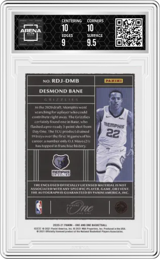 Desmond Bane from the 2020-21 Panini One and One set featuring a Red parallel graded by Arena Club and given an overall grade of 9.5.