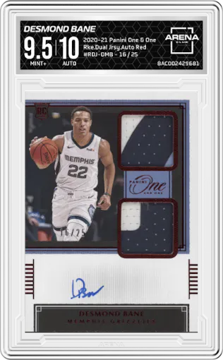Desmond Bane from the 2020-21 Panini One and One set featuring a Red parallel graded by Arena Club and given an overall grade of 9.5.