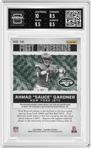 Ahmad "Sauce" Gardner from the 2022 Panini Illusions set featuring a Black parallel graded by Arena Club and given an overall grade of 9.
