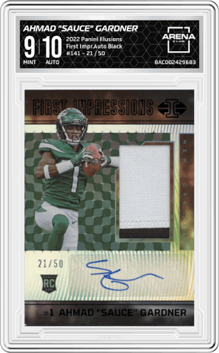 Ahmad "Sauce" Gardner from the 2022 Panini Illusions set featuring a Black parallel graded by Arena Club and given an overall grade of 9.