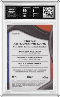 Jackson Holliday/Adley Rutschman/Gunnar Henderson from the 2024 Bowman's Best set featuring a Gold Refractors parallel graded by Arena Club and given an overall grade of 9.5.