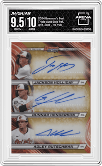 Jackson Holliday/Adley Rutschman/Gunnar Henderson from the 2024 Bowman's Best set featuring a Gold Refractors parallel graded by Arena Club and given an overall grade of 9.5.