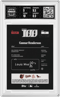 Gunnar Henderson from the 2022-23 Topps Project 100 set featuring a Silver Foil Stamped Logo parallel graded by Arena Club and given an overall grade of 9.