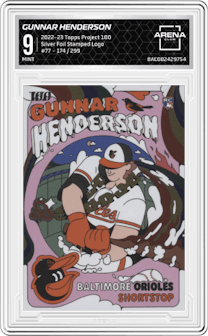 Gunnar Henderson from the 2022-23 Topps Project 100 set featuring a Silver Foil Stamped Logo parallel graded by Arena Club and given an overall grade of 9.