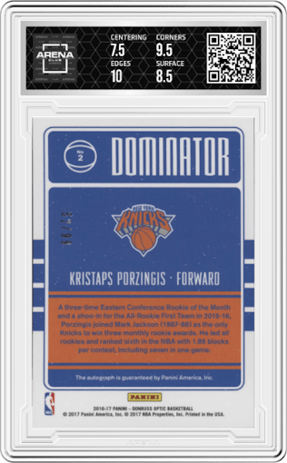 Kristaps Porzingis from the 2016-17 Panini Donruss Optic set graded by Arena Club and given an overall grade of 8.