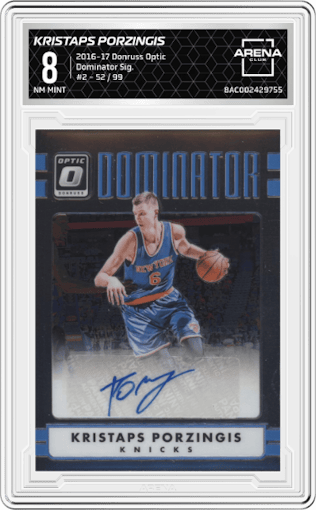 Kristaps Porzingis from the 2016-17 Panini Donruss Optic set graded by Arena Club and given an overall grade of 8.