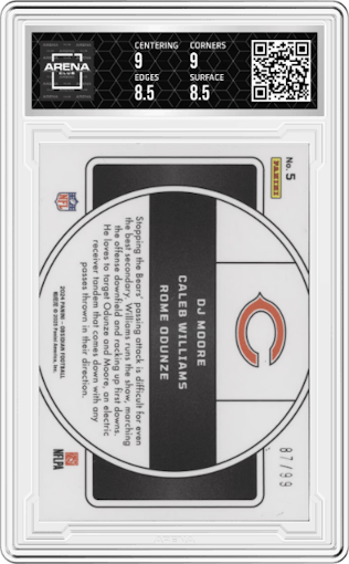 DJ Moore/Caleb Williams/Rome Odunze from the 2024 Panini Obsidian set featuring a Silver parallel graded by Arena Club and given an overall grade of 9.