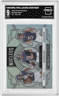 DJ Moore/Caleb Williams/Rome Odunze from the 2024 Panini Obsidian set featuring a Silver parallel graded by Arena Club and given an overall grade of 9.