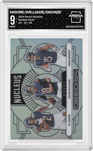 DJ Moore/Caleb Williams/Rome Odunze from the 2024 Panini Obsidian set featuring a Silver parallel graded by Arena Club and given an overall grade of 9.