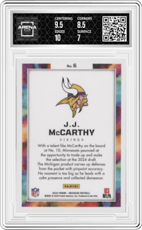 J.J. McCarthy from the 2024 Panini Obsidian set graded by Arena Club and given an overall grade of 7.5.