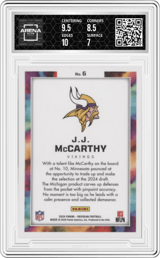 J.J. McCarthy from the 2024 Panini Obsidian set graded by Arena Club and given an overall grade of 7.5.