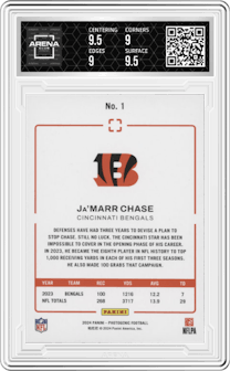 Ja'Marr Chase from the 2024 Panini Photogenic set featuring a Red parallel graded by Arena Club and given an overall grade of 9.5.