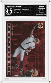 Ja'Marr Chase from the 2024 Panini Photogenic set featuring a Red parallel graded by Arena Club and given an overall grade of 9.5.