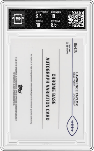 Lawrence Taylor from the 2024 Topps Chrome set featuring a Gold Refractor parallel graded by Arena Club and given an overall grade of 9.