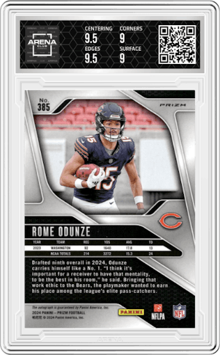 Rome Odunze from the 2024 Panini Prizm set graded by Arena Club and given an overall grade of 9.5.