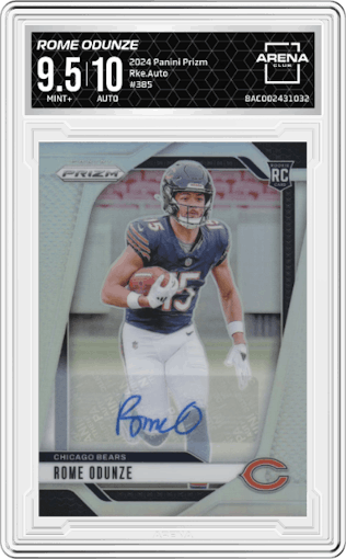 Rome Odunze from the 2024 Panini Prizm set graded by Arena Club and given an overall grade of 9.5.