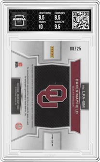 Baker Mayfield  from the 2024 Panini Prizm Draft Picks set featuring a Tie Dye parallel graded by Arena Club and given an overall grade of 9.