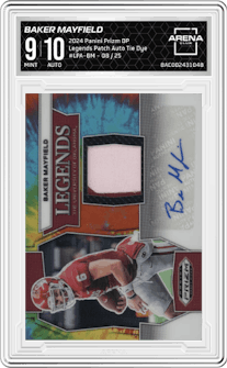 Baker Mayfield  from the 2024 Panini Prizm Draft Picks set featuring a Tie Dye parallel graded by Arena Club and given an overall grade of 9.