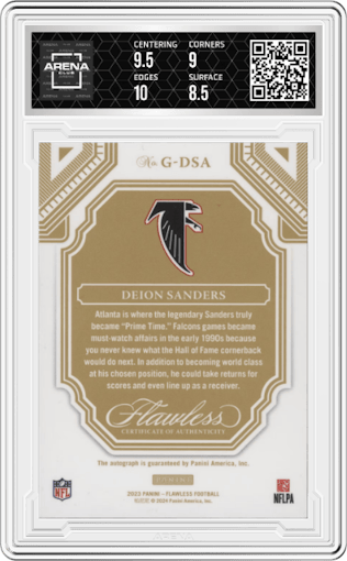 Deion Sanders from the 2023 Panini Flawless set featuring a Emerald parallel graded by Arena Club and given an overall grade of 9.