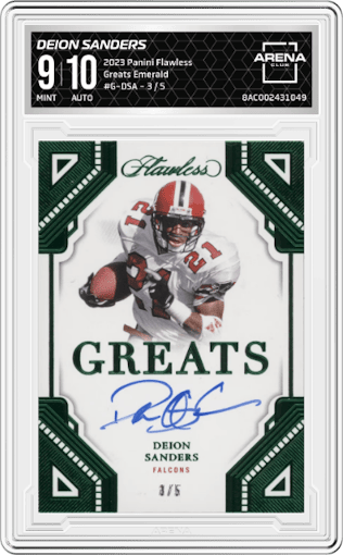 Deion Sanders from the 2023 Panini Flawless set featuring a Emerald parallel graded by Arena Club and given an overall grade of 9.