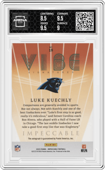 Luke Kuechly from the 2023 Panini Impeccable set featuring a Silver parallel graded by Arena Club and given an overall grade of 9.