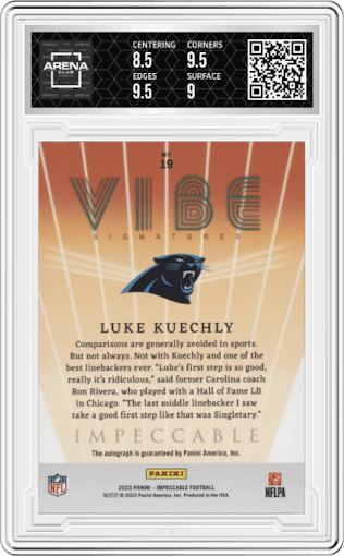 Luke Kuechly from the 2023 Panini Impeccable set featuring a Silver parallel graded by Arena Club and given an overall grade of 9.