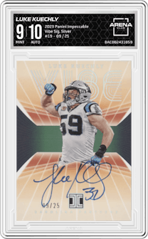 Luke Kuechly from the 2023 Panini Impeccable set featuring a Silver parallel graded by Arena Club and given an overall grade of 9.