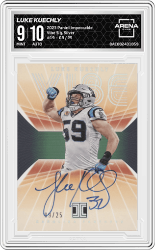 Luke Kuechly from the 2023 Panini Impeccable set featuring a Silver parallel graded by Arena Club and given an overall grade of 9.