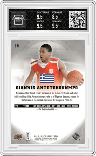 Giannis Antetokounmpo from the 2013-14 SP Authentic set graded by Arena Club and given an overall grade of 9.