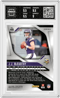 J.J. McCarthy from the 2024 Panini Prizm set featuring a Silver Prizm parallel graded by Arena Club and given an overall grade of 9.5.