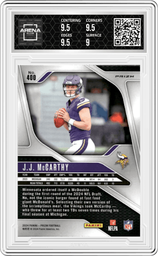 J.J. McCarthy from the 2024 Panini Prizm set featuring a Silver Prizm parallel graded by Arena Club and given an overall grade of 9.5.