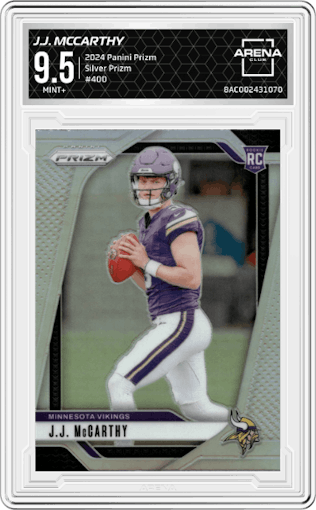 J.J. McCarthy from the 2024 Panini Prizm set featuring a Silver Prizm parallel graded by Arena Club and given an overall grade of 9.5.